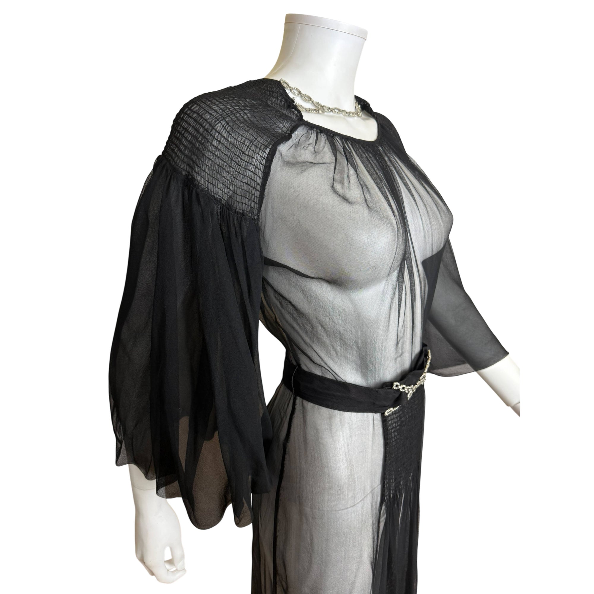 Vintage 1930s Evening Dress Black Silk Chiffon w Chain Belt