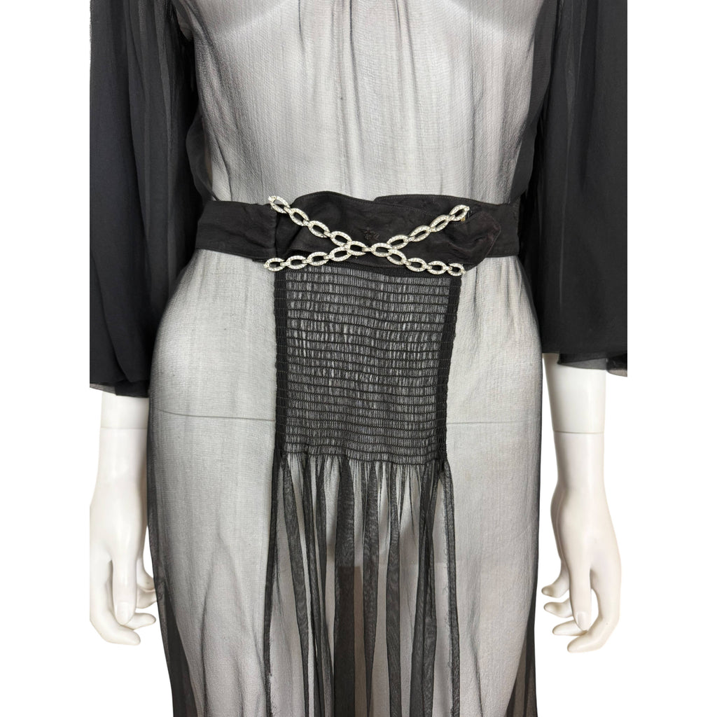 Vintage 1930s Evening Dress Black Silk Chiffon w Chain Belt