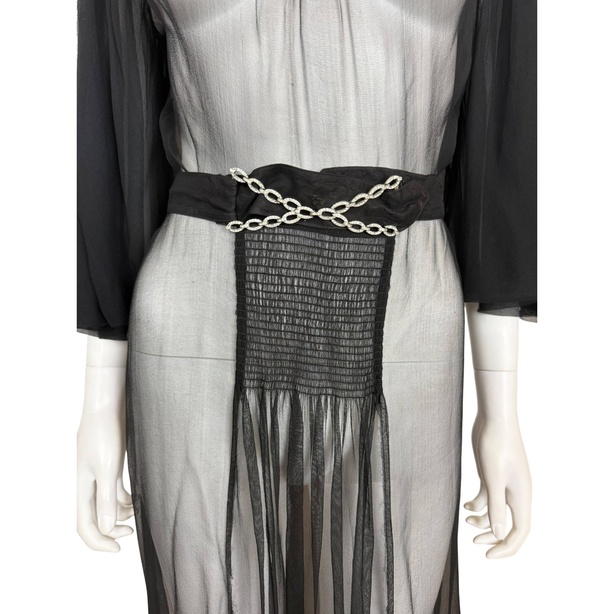 Vintage 1930s Evening Dress Black Silk Chiffon w Chain Belt