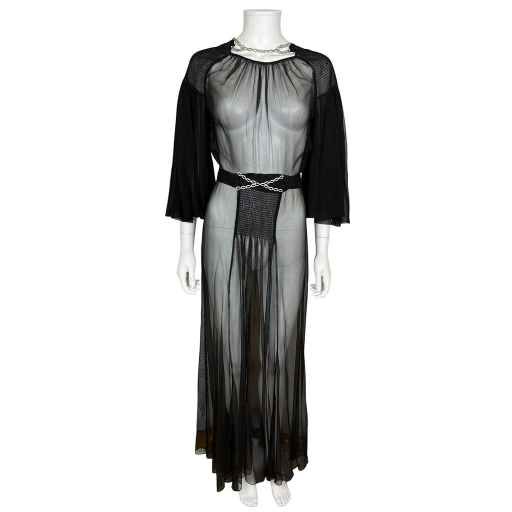Vintage 1930s Evening Dress Black Silk Chiffon w Chain Belt