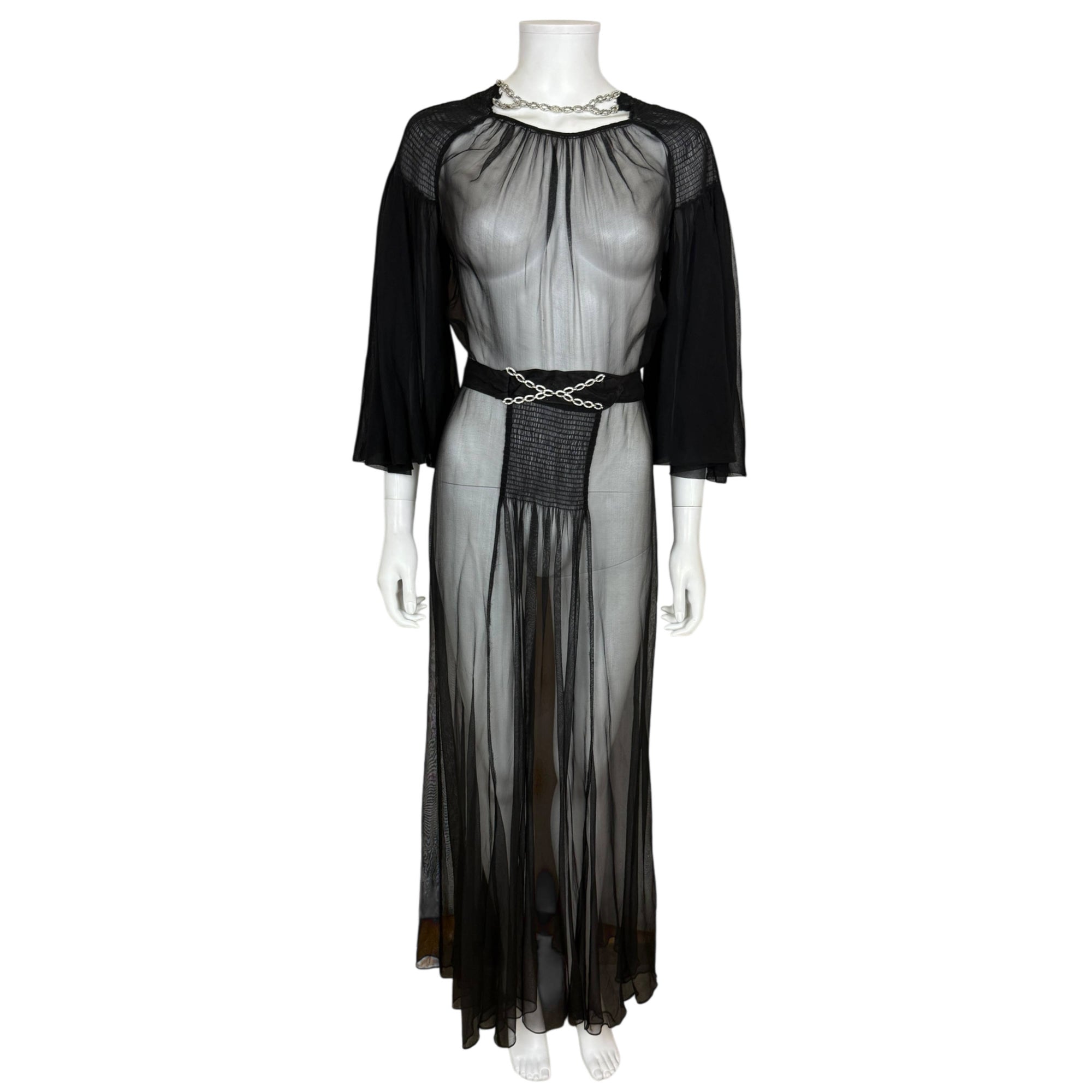 Vintage 1930s Evening Dress Black Silk Chiffon w Chain Belt