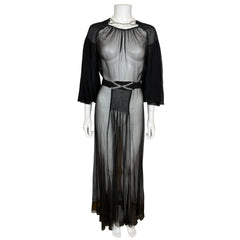 Vintage 1930s Evening Dress Black Silk Chiffon w Chain Belt