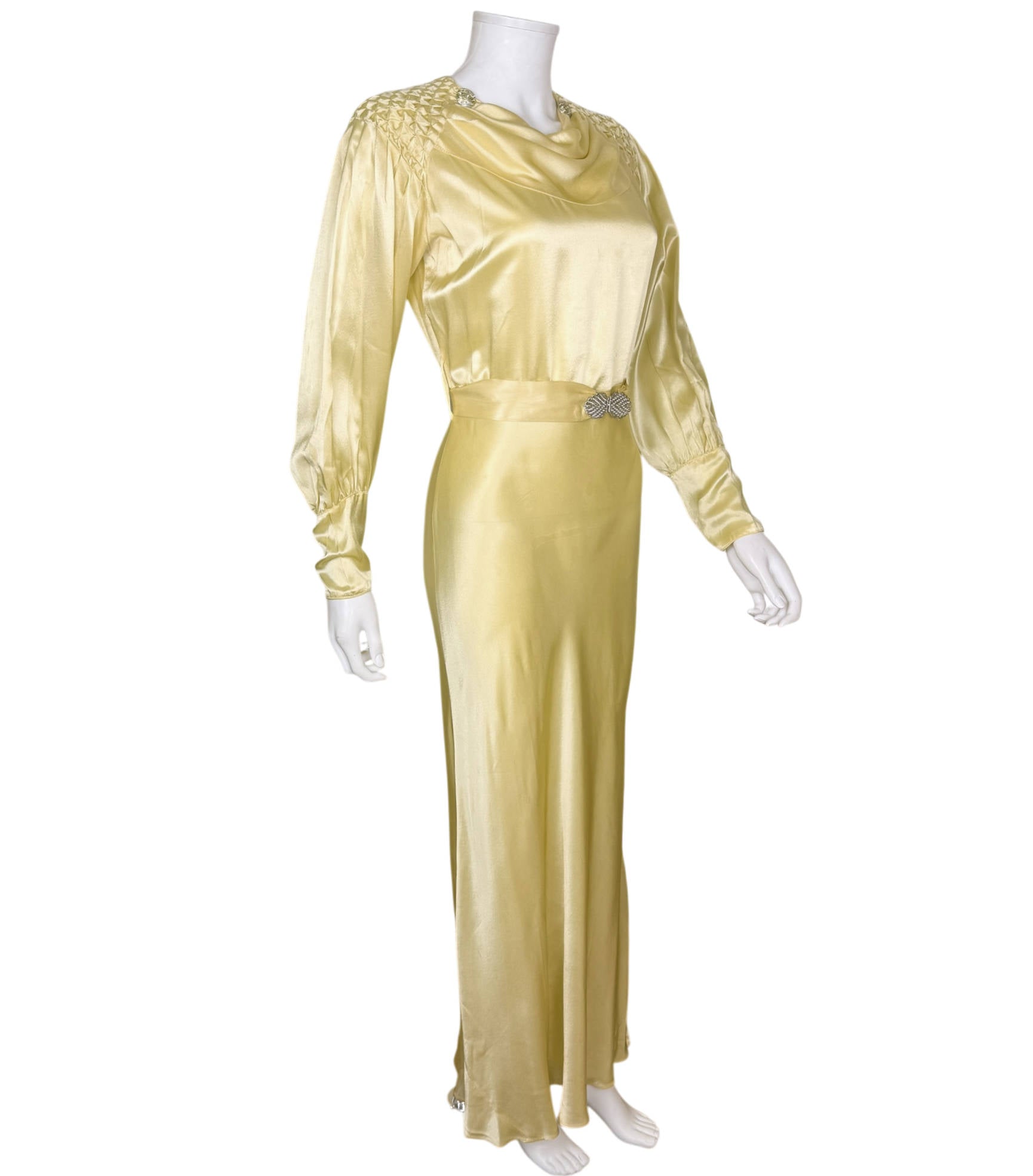 Side view of vintage satin Old Hollywood dress