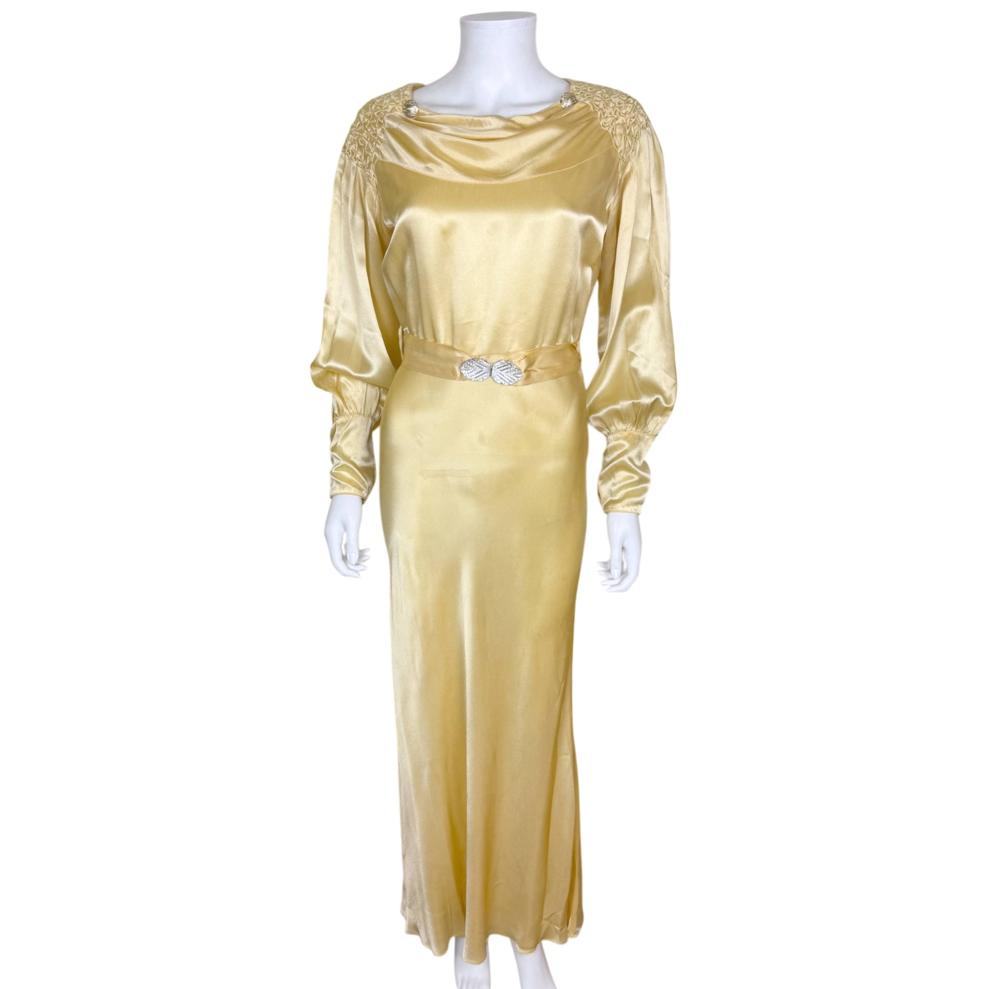 Vintage 1930s yellow satin evening gown front view