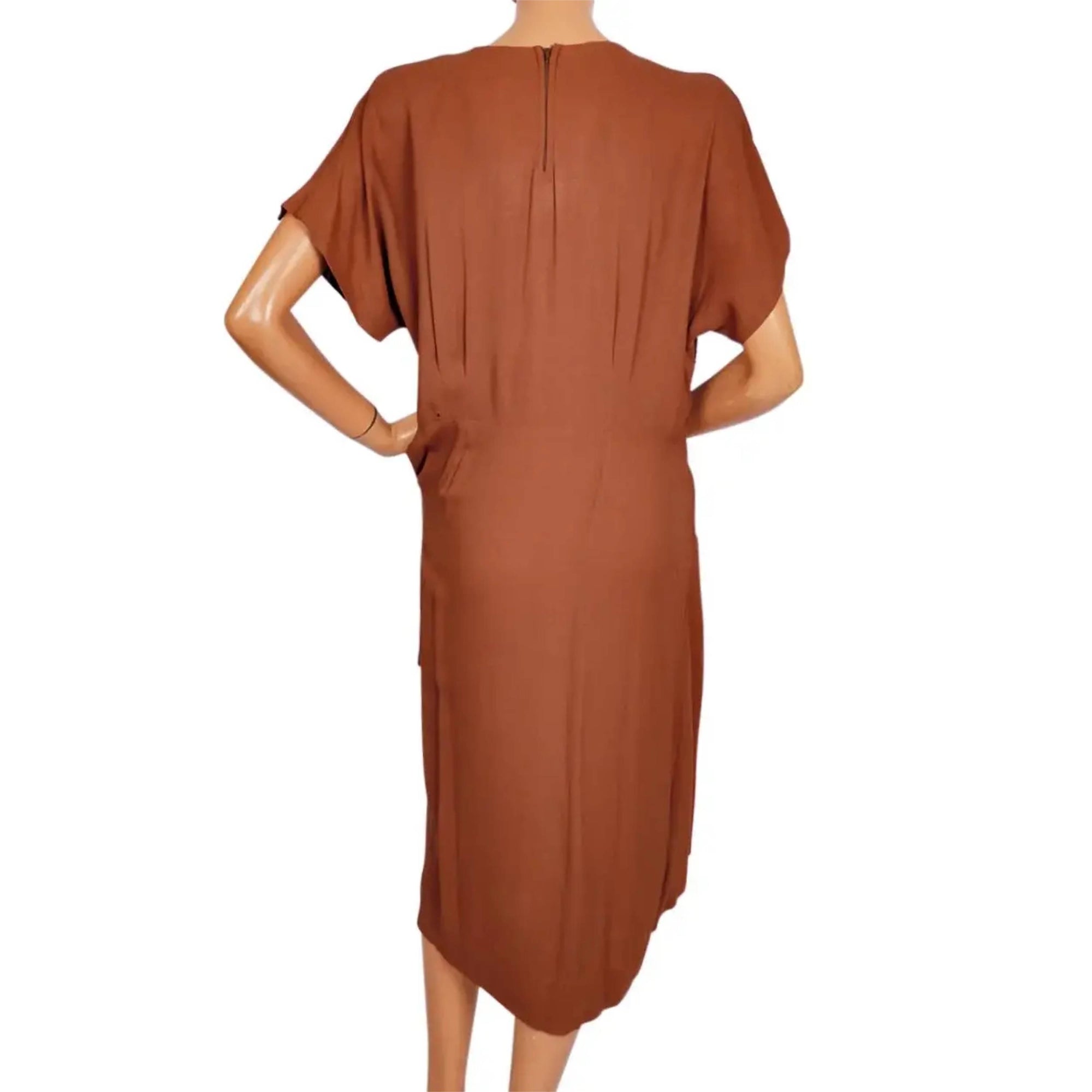 Vintage 1940s Dress Beaded Brown Rayon Crepe Size L