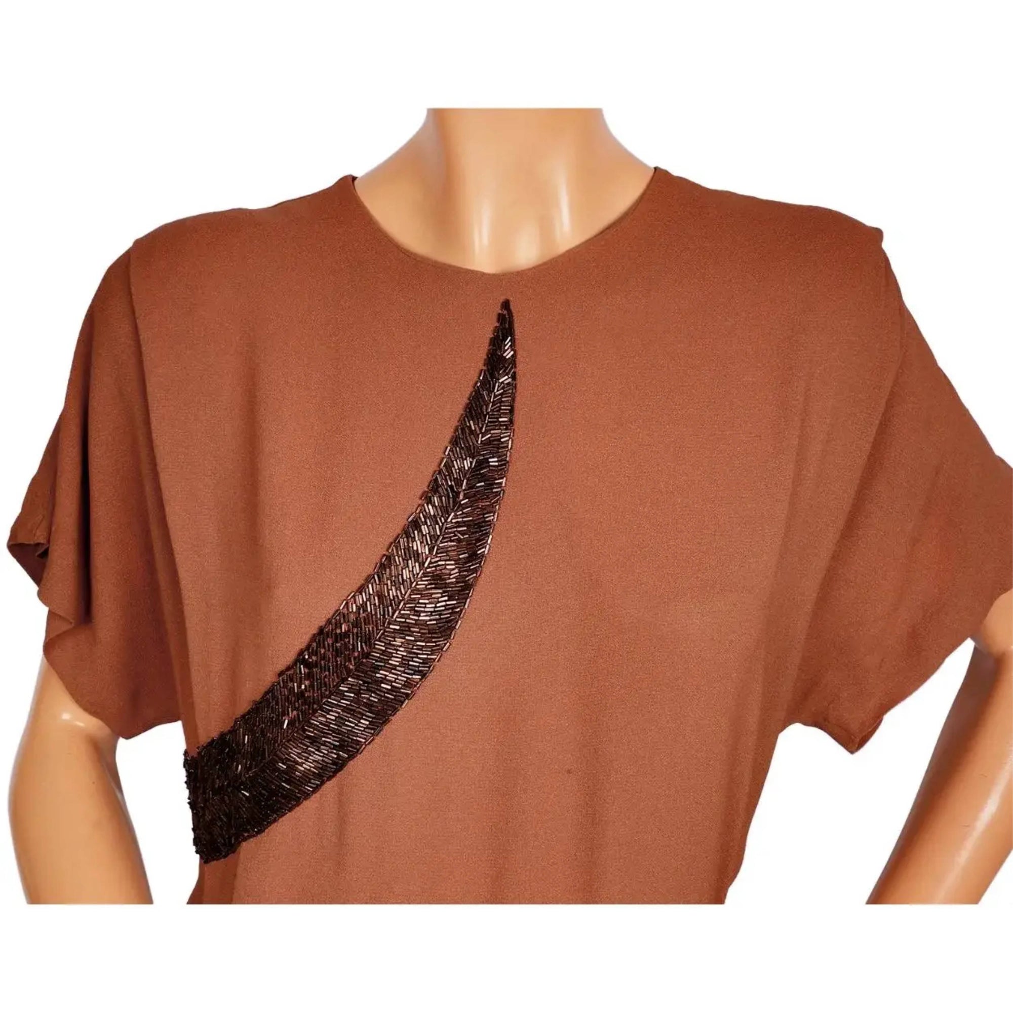 Vintage 1940s Dress Beaded Brown Rayon Crepe Size L