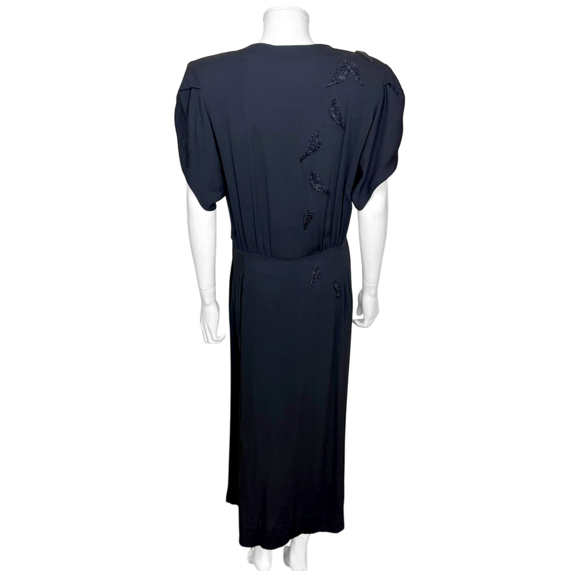 back view of Old Hollywood glamour gown with padded shoulders