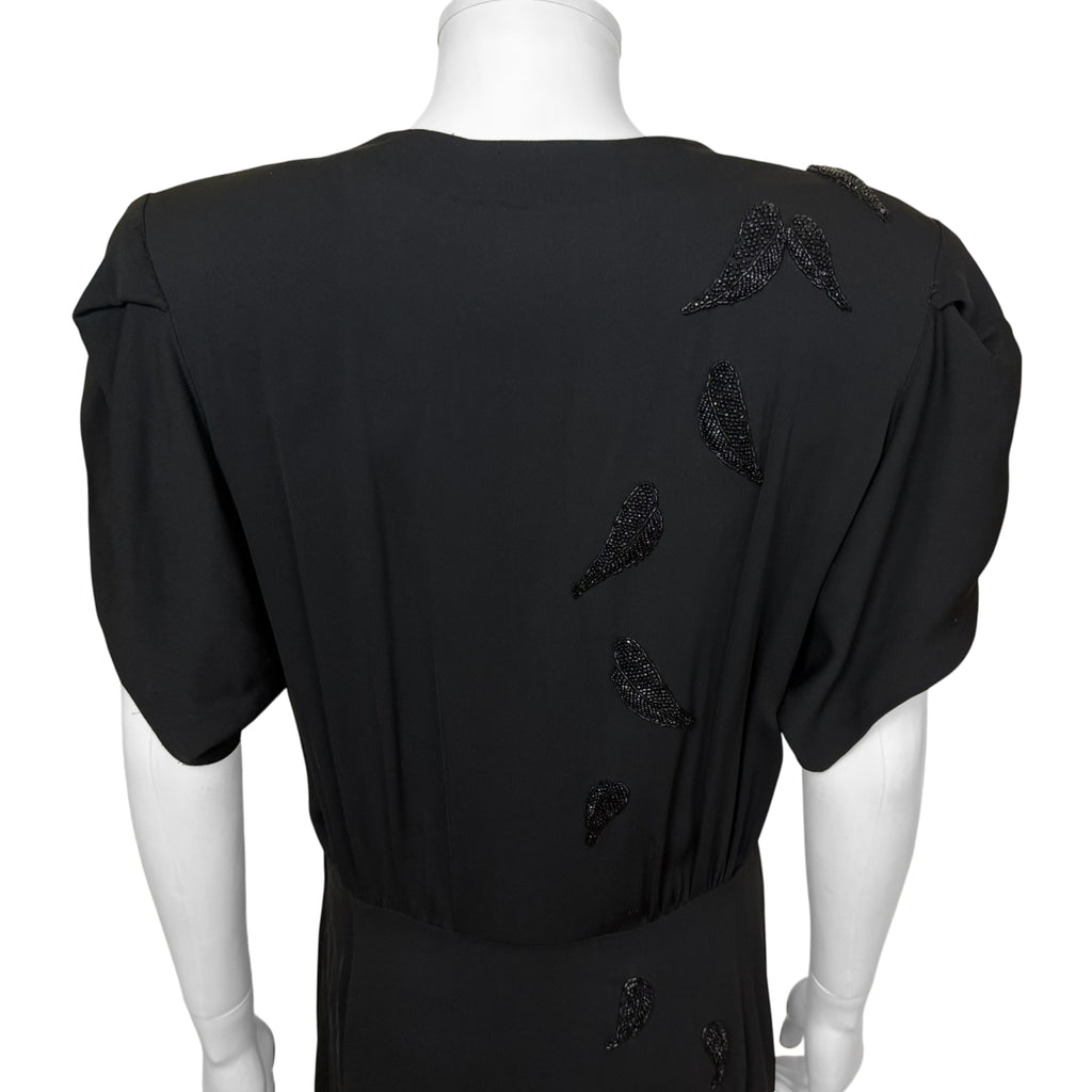 detail of beading on back of 40s silk crepe evening dress