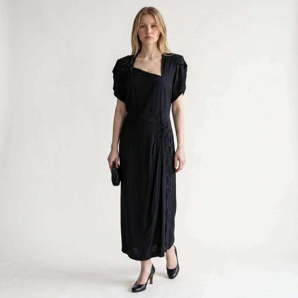 AI Model wearing 1940s black beaded couture gown