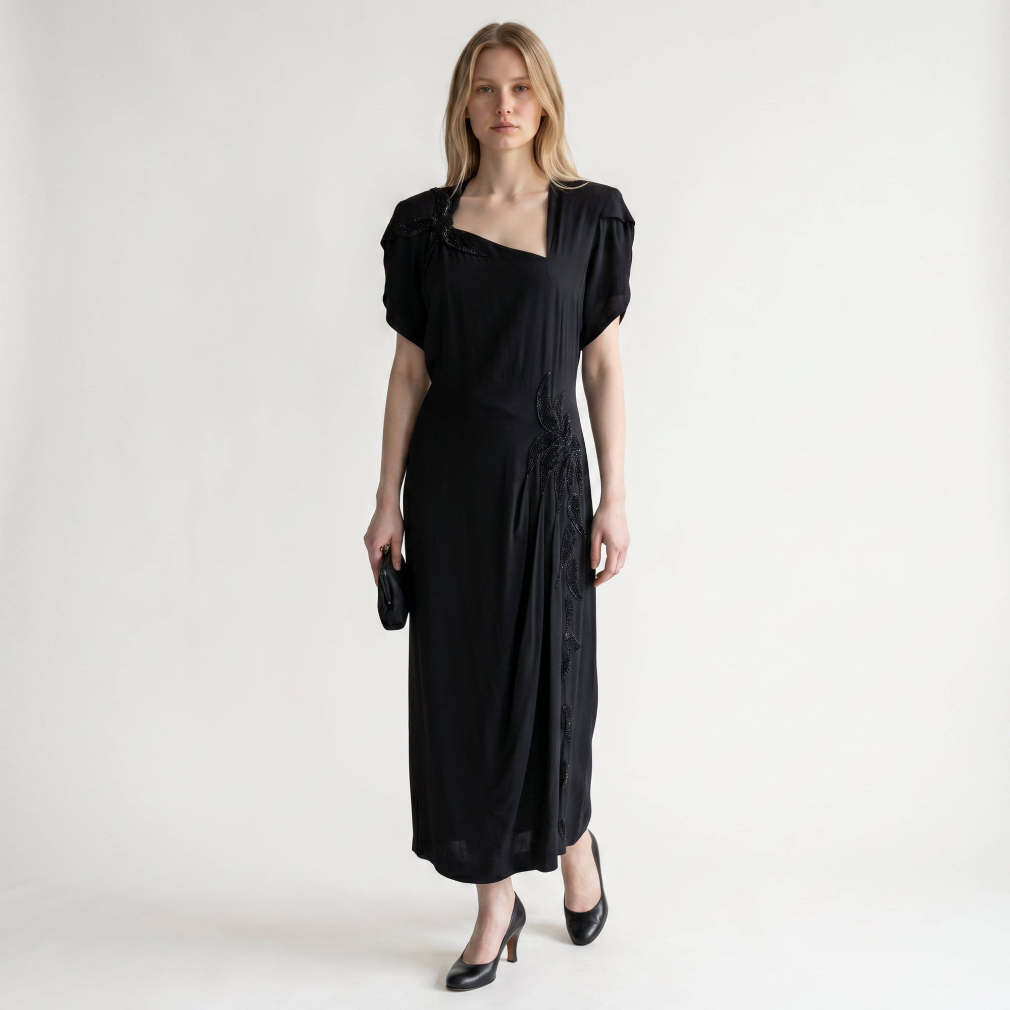 Vintage 1940s Lillian Farrar Couture Black Beaded Evening Dress Old Hollywood Glamour Gown XL Vintage 1940s Lillian Farrar Couture Black Beaded Evening Dress Old Hollywood Glamour Gown XL