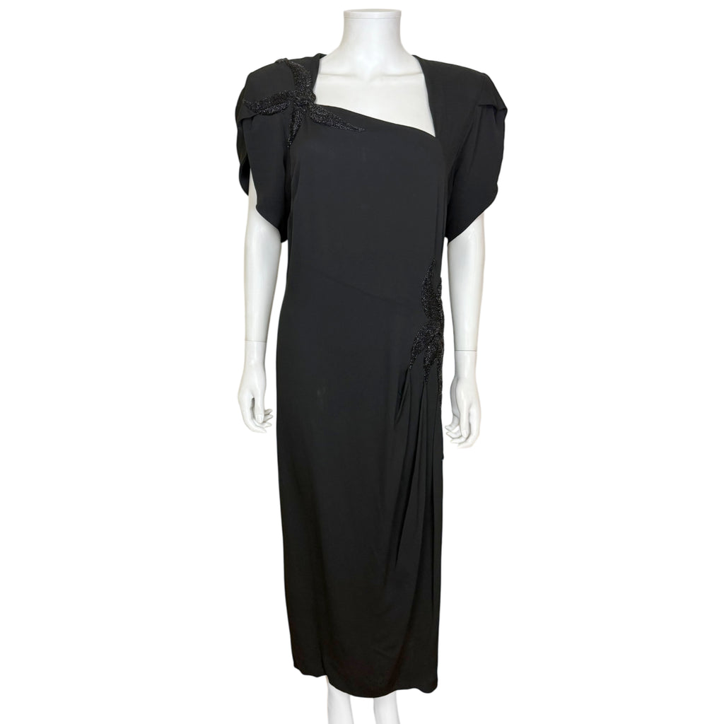 Vintage 1940s Lillian Farrar black beaded evening dress front view
