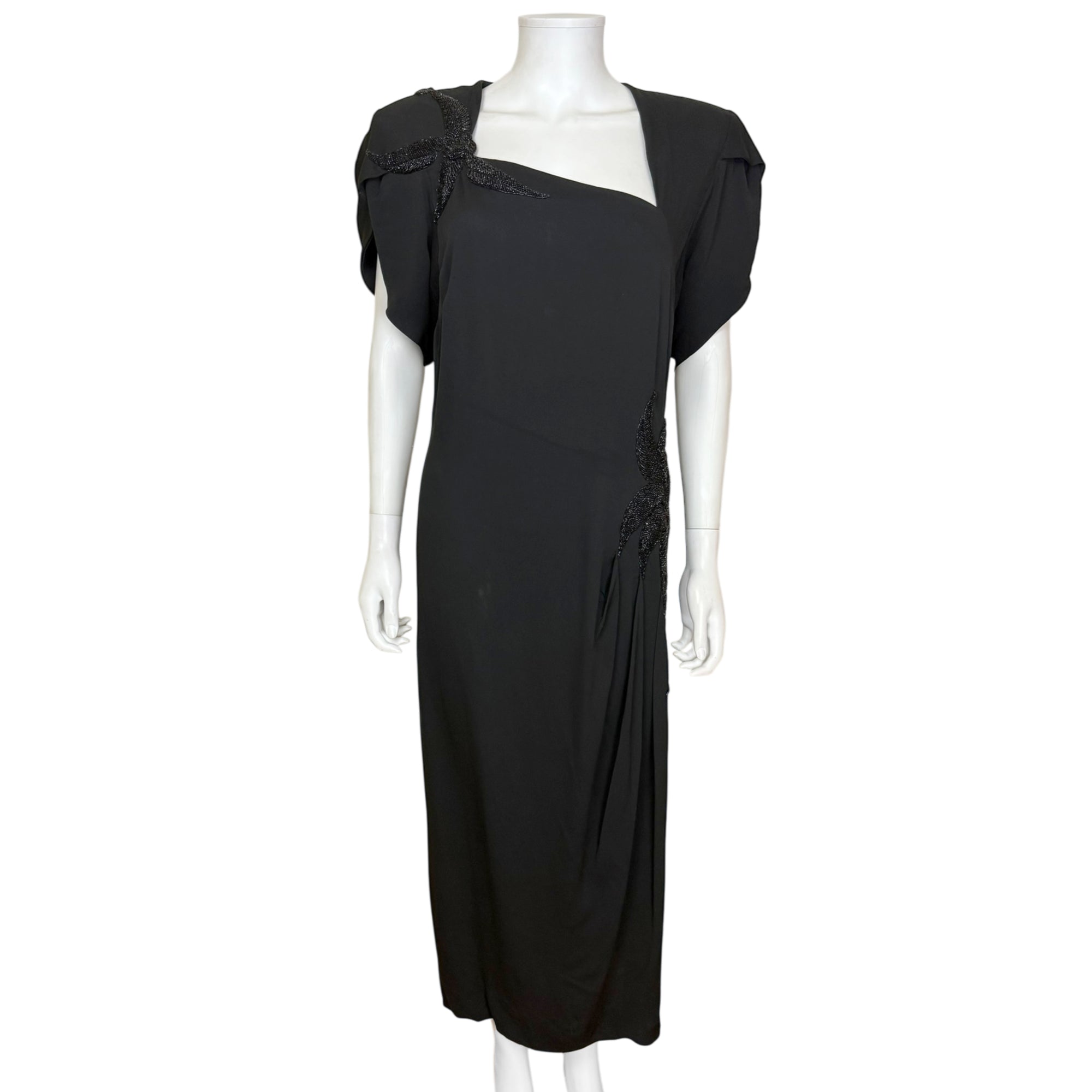 Vintage 1940s Lillian Farrar black beaded evening dress front view