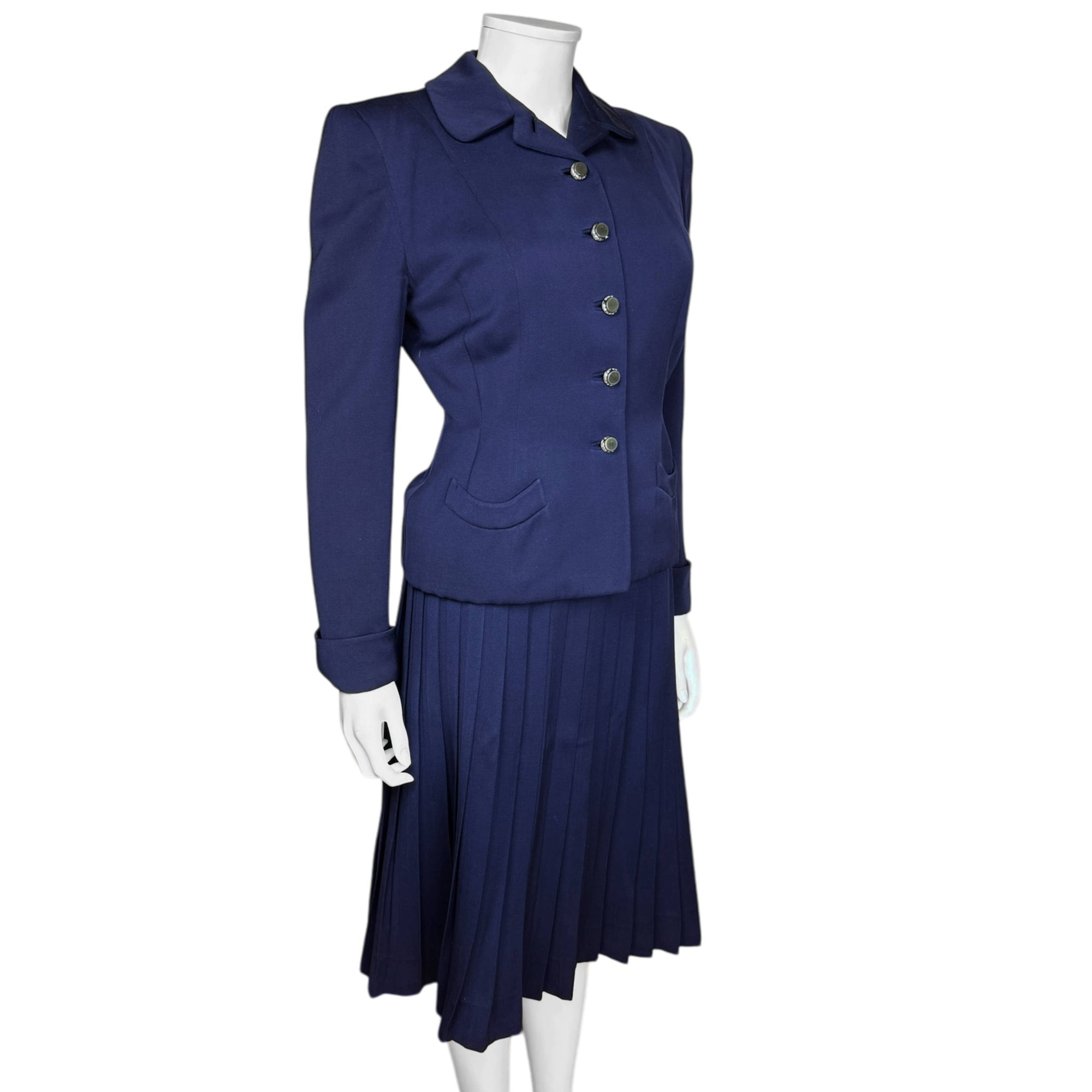 Vintage 1940s Skirt Suit Blue Wool Gabardine Size Medium 28”