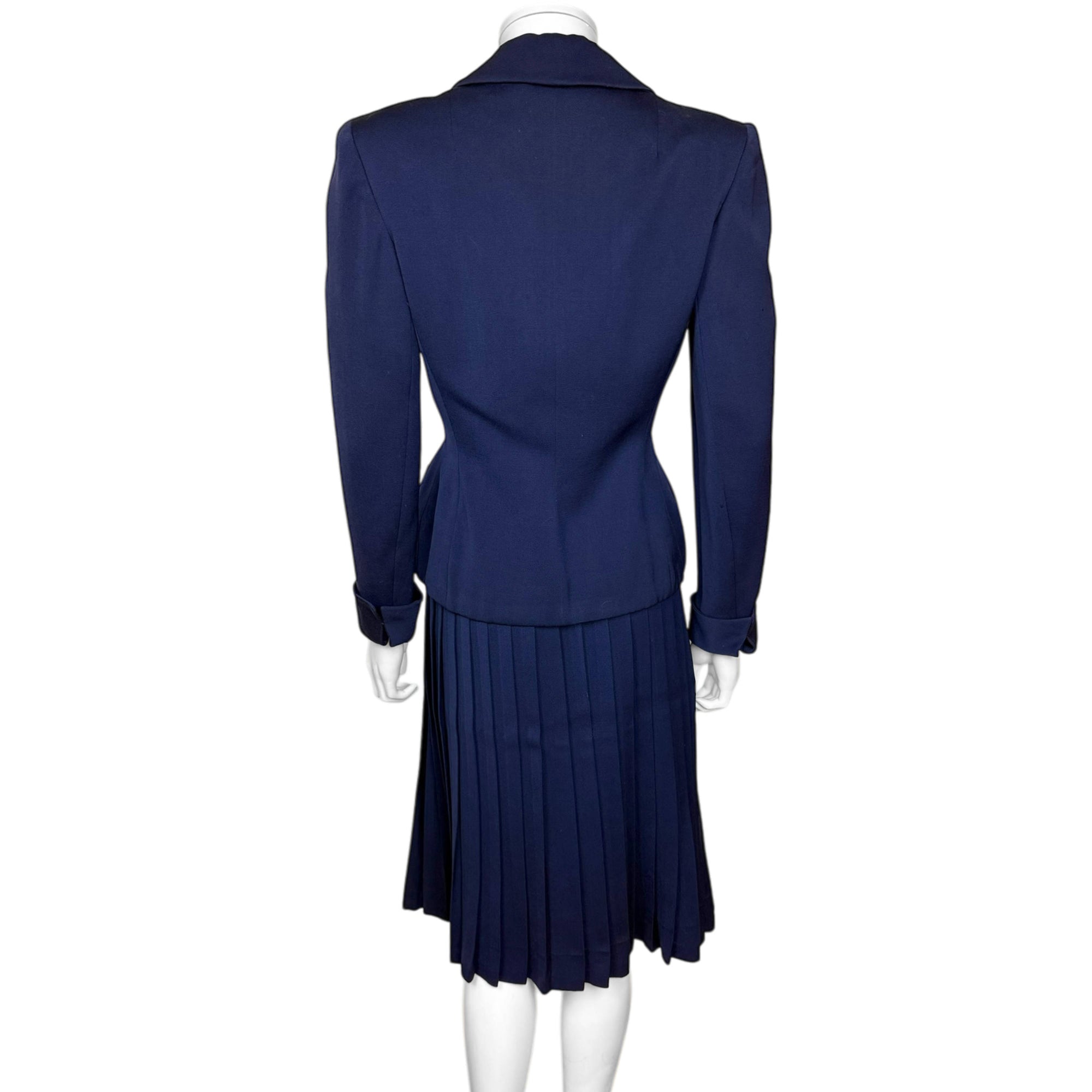Vintage 1940s Skirt Suit Blue Wool Gabardine Size Medium 28”