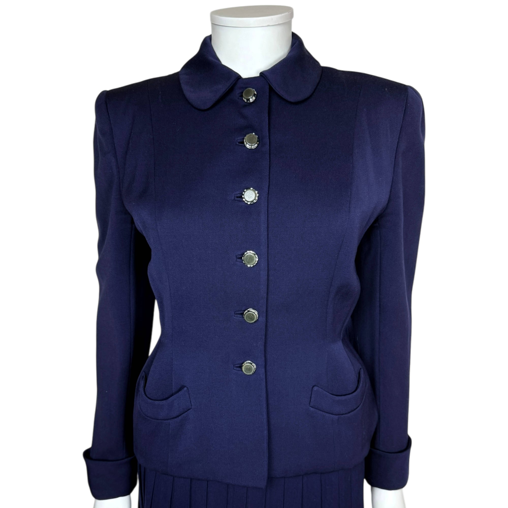 Vintage 1940s Skirt Suit Blue Wool Gabardine Size Medium 28”