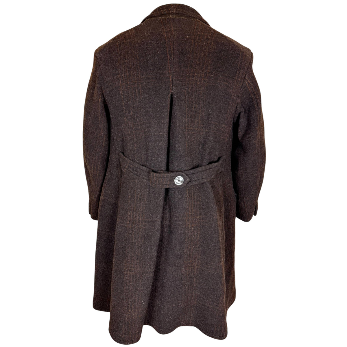 Back view of vintage 1930s wool overcoat showing buttoned half-belt and deep inverted centre pleat