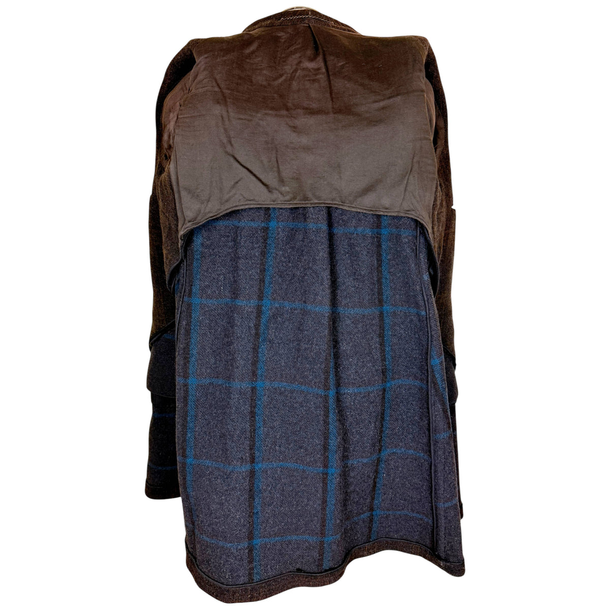 Interior of vintage 1930s men's wool car coat showing partial brown lining and contrasting blue-and-black checked wool backing