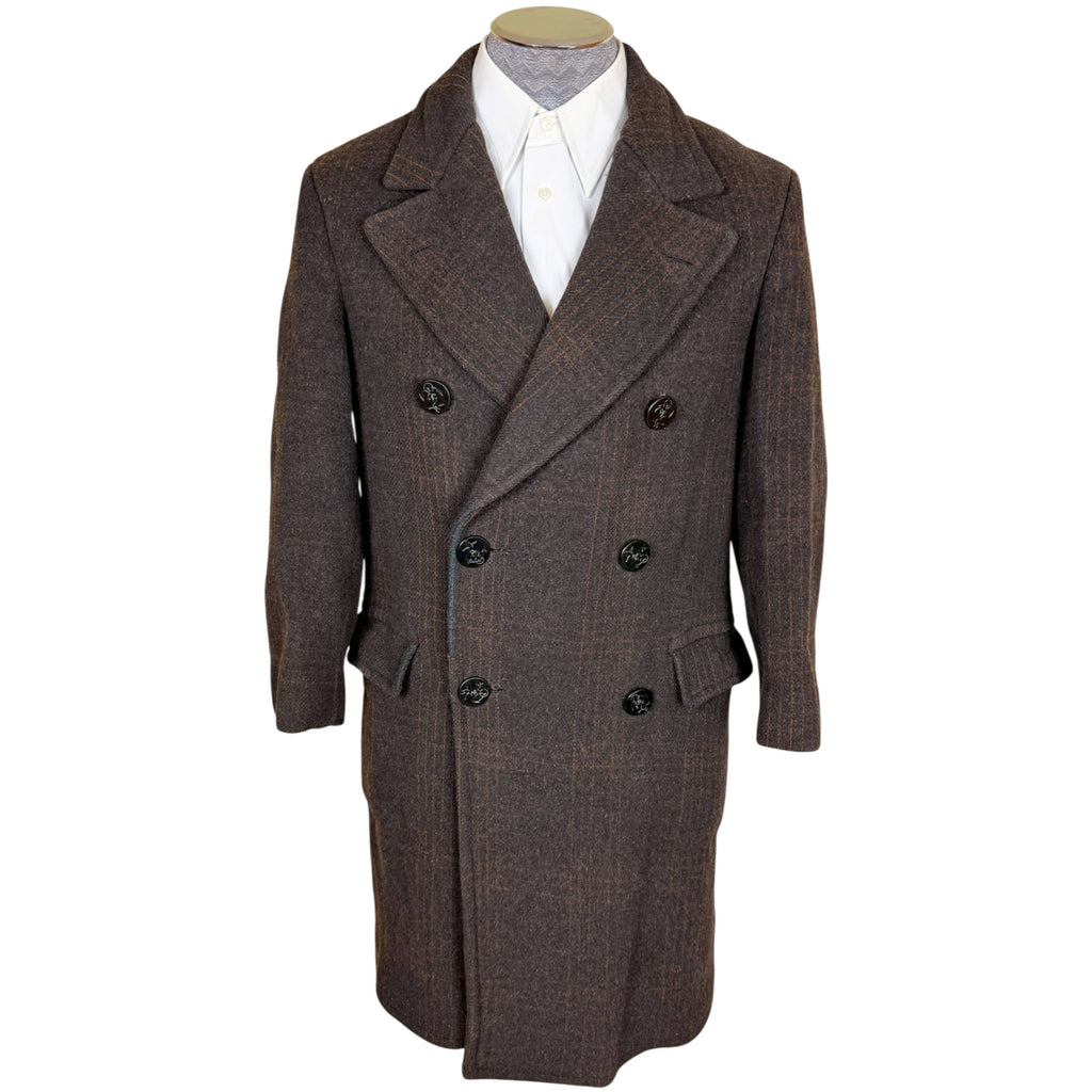 Vintage late 1930s men's dark brown striped wool double-breasted car coat, front view showing peaked lapels and six anchor buttons