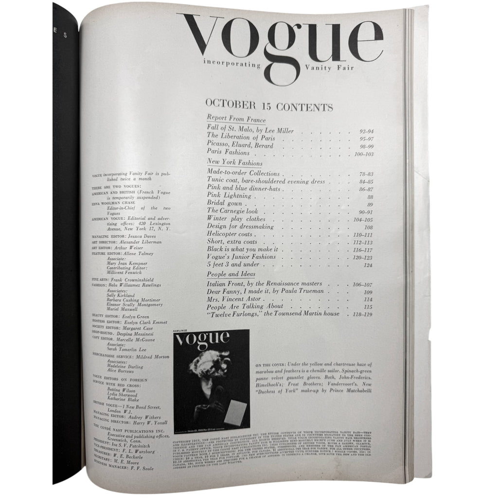 WWII Vintage Vogue Magazine October 15 1944 Issue Paris Haute Couture, Picasso in Paris, Hattie Carnegie