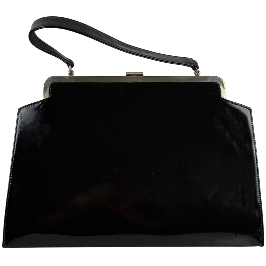 Vintage 1950s Handbag Black Vinyl w Geometric Metal Frame