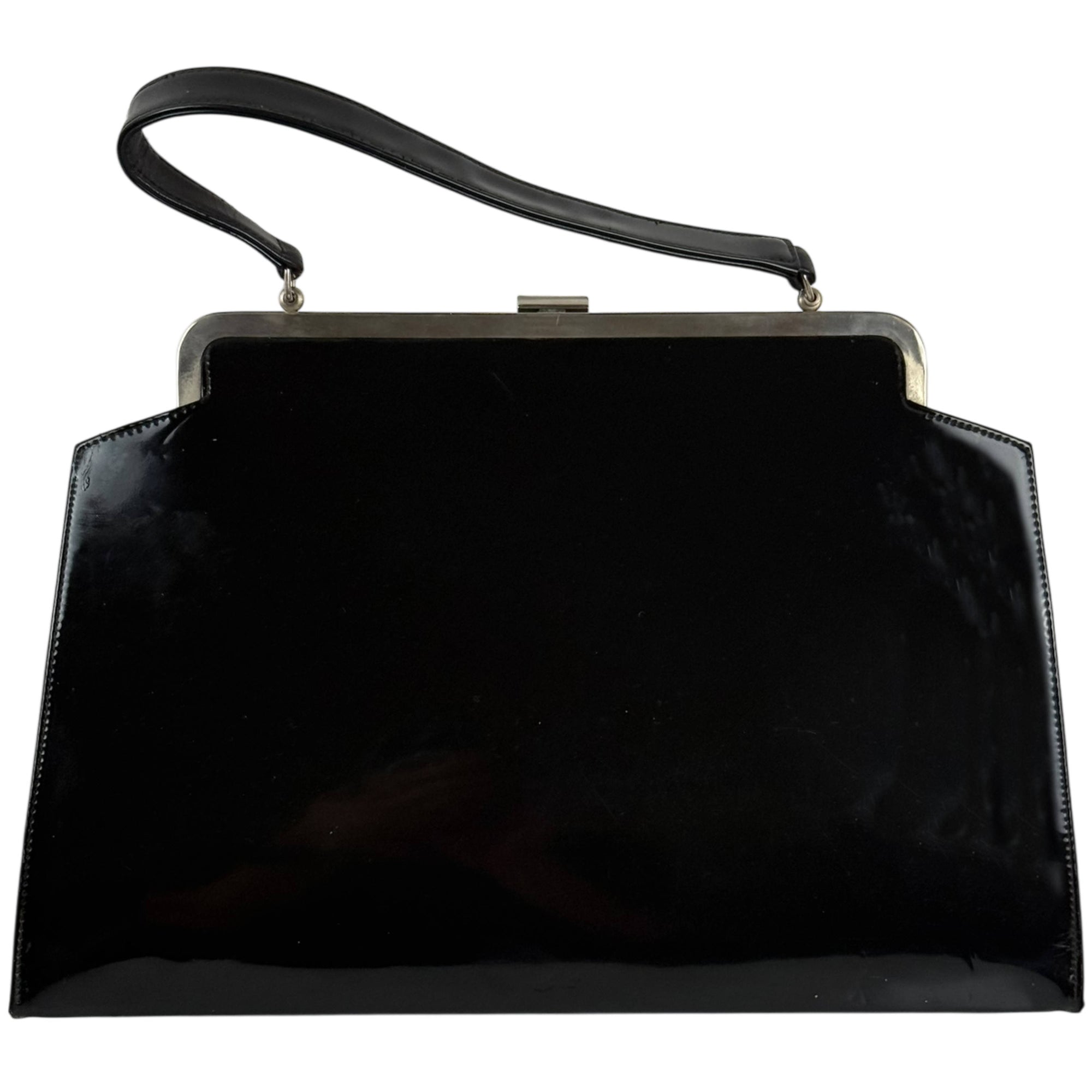 Vintage 1950s Handbag Black Vinyl w Geometric Metal Frame