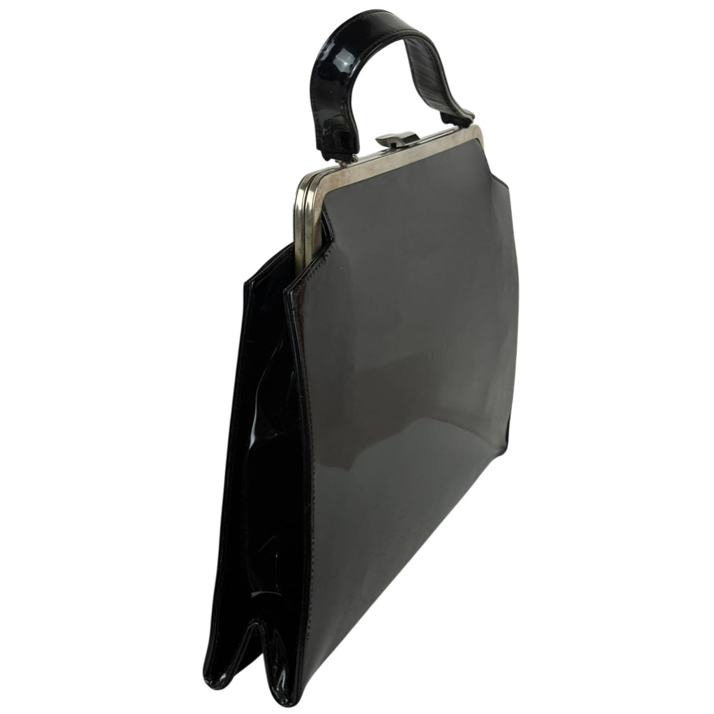 Vintage 1950s Handbag Black Vinyl w Geometric Metal Frame
