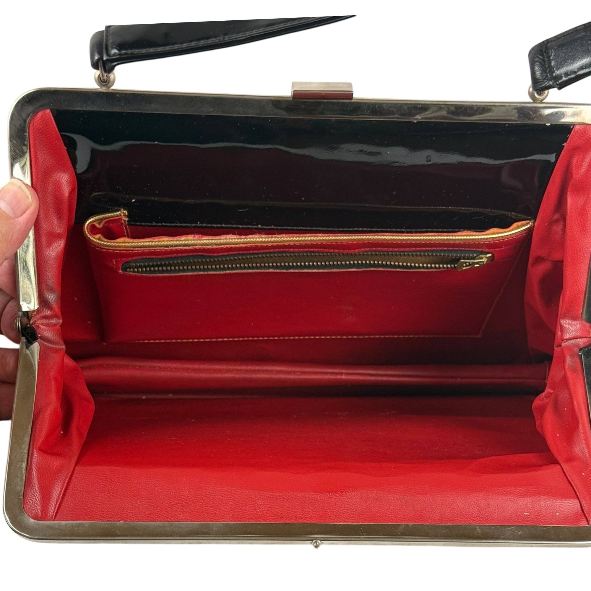 Vintage 1950s Handbag Black Vinyl w Geometric Metal Frame