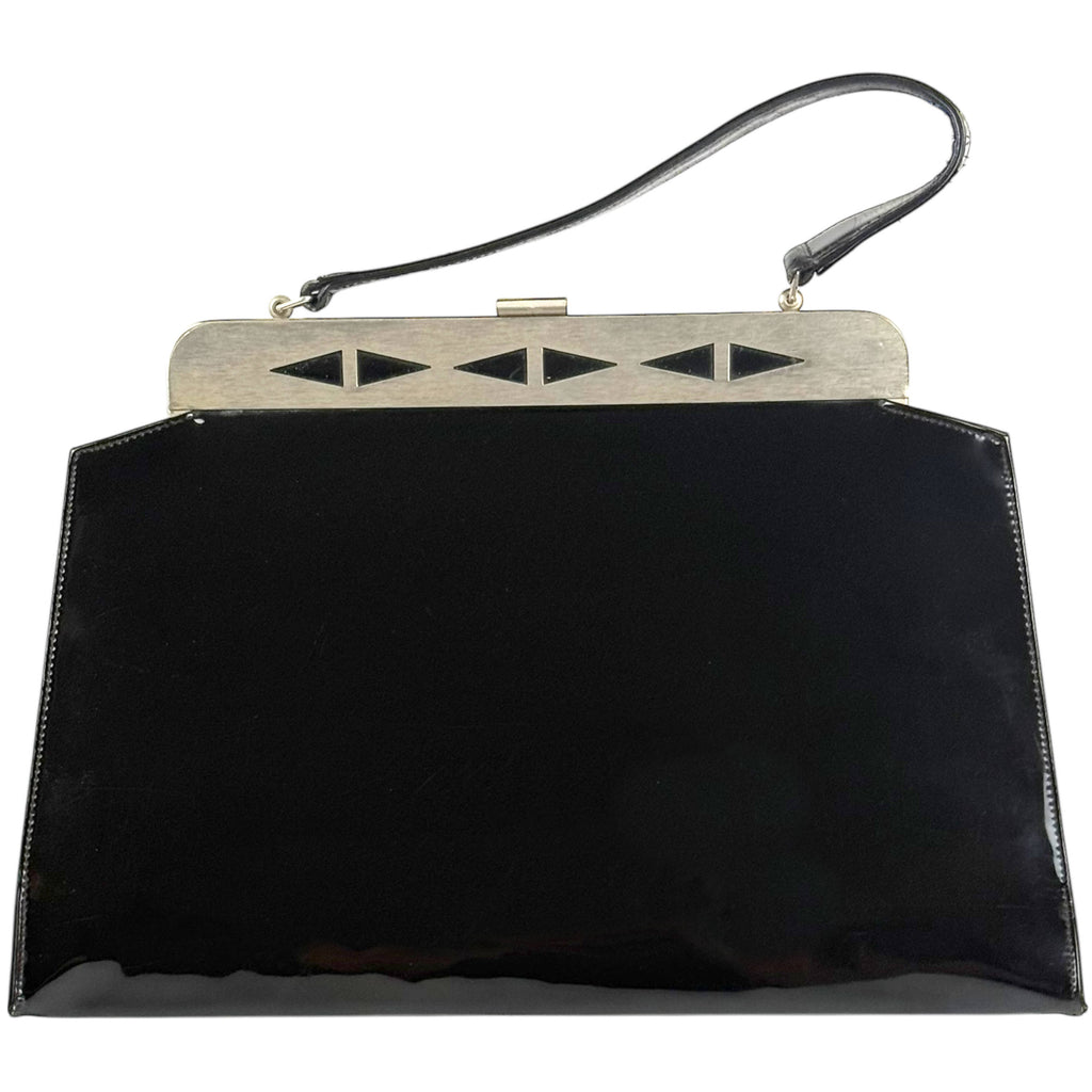 Vintage 1950s Handbag Black Vinyl w Geometric Metal Frame