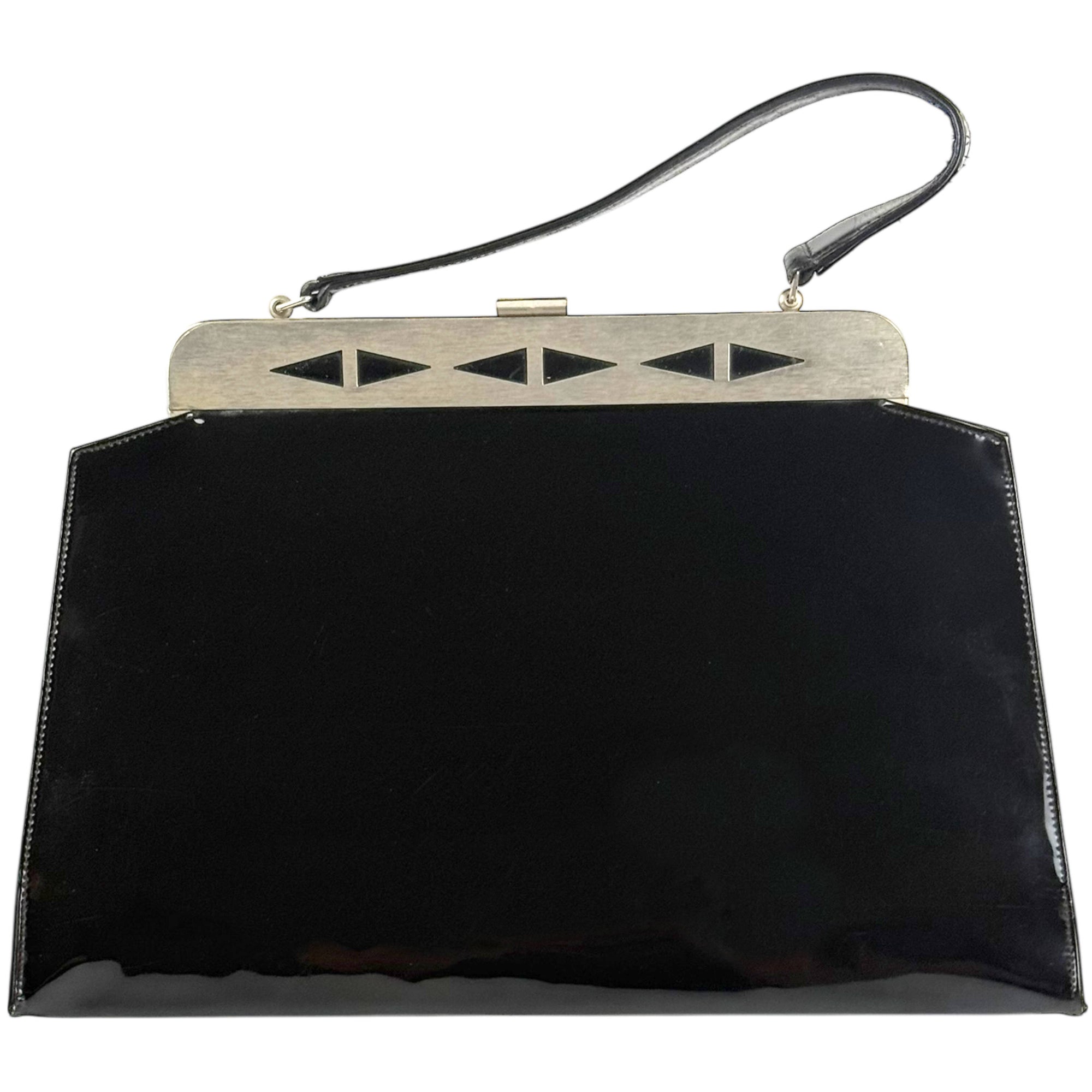 Vintage 1950s Handbag Black Vinyl w Geometric Metal Frame