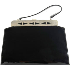 Vintage 1950s Handbag Black Vinyl w Geometric Metal Frame