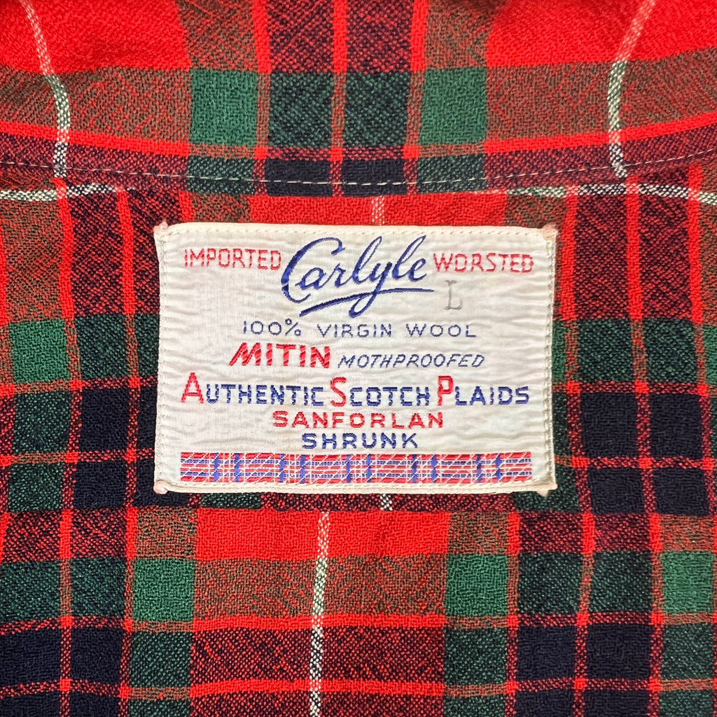 Vintage 1950s Plaid Wool Shirt w Neck Loop Carlyle Worsted L