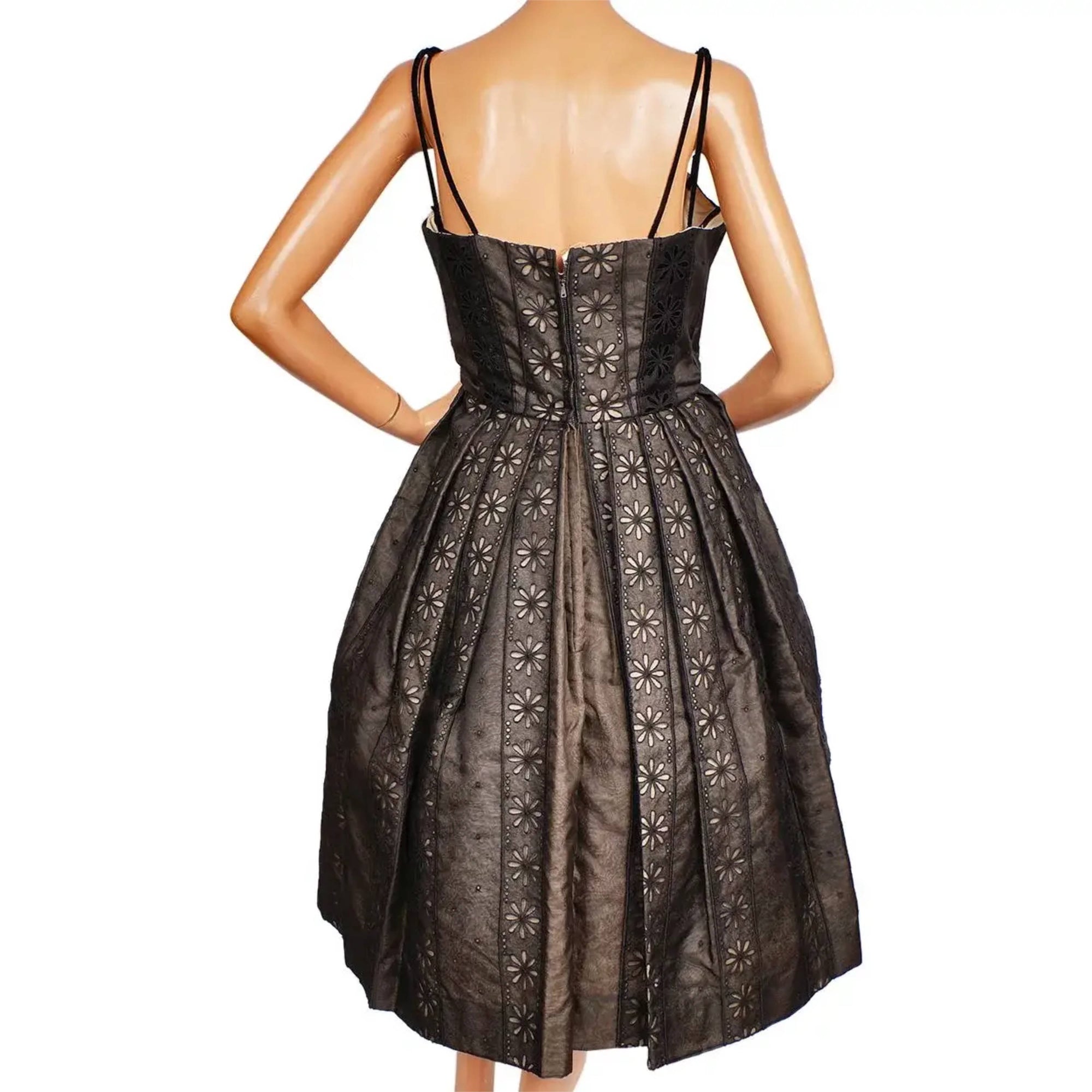 Vintage 1950s Dress Black Silk Eyelet Organza Size M