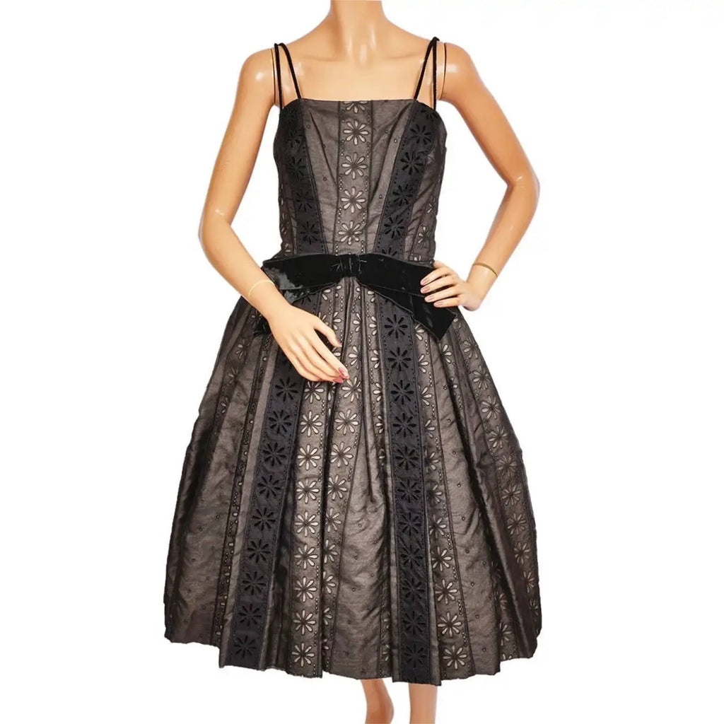 Vintage 1950s Dress Black Silk Eyelet Organza Size M