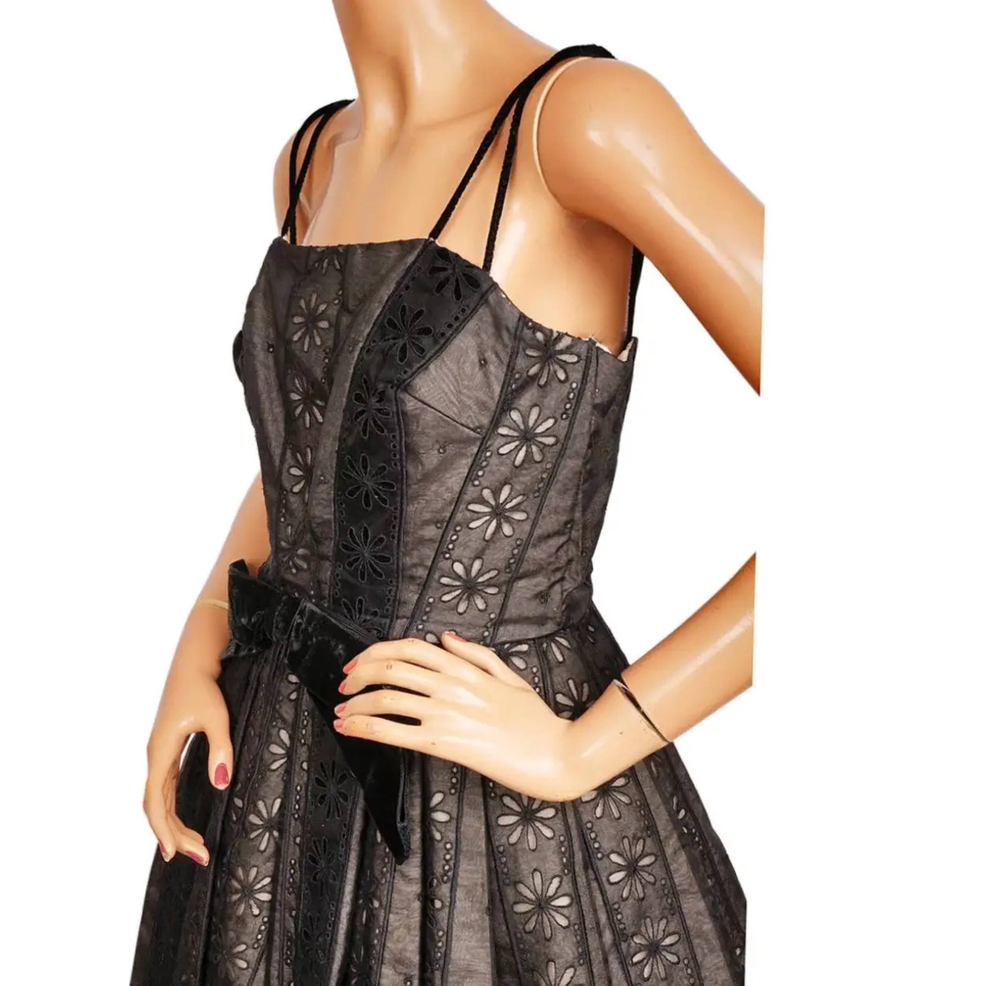 Vintage 1950s Dress Black Silk Eyelet Organza Size M