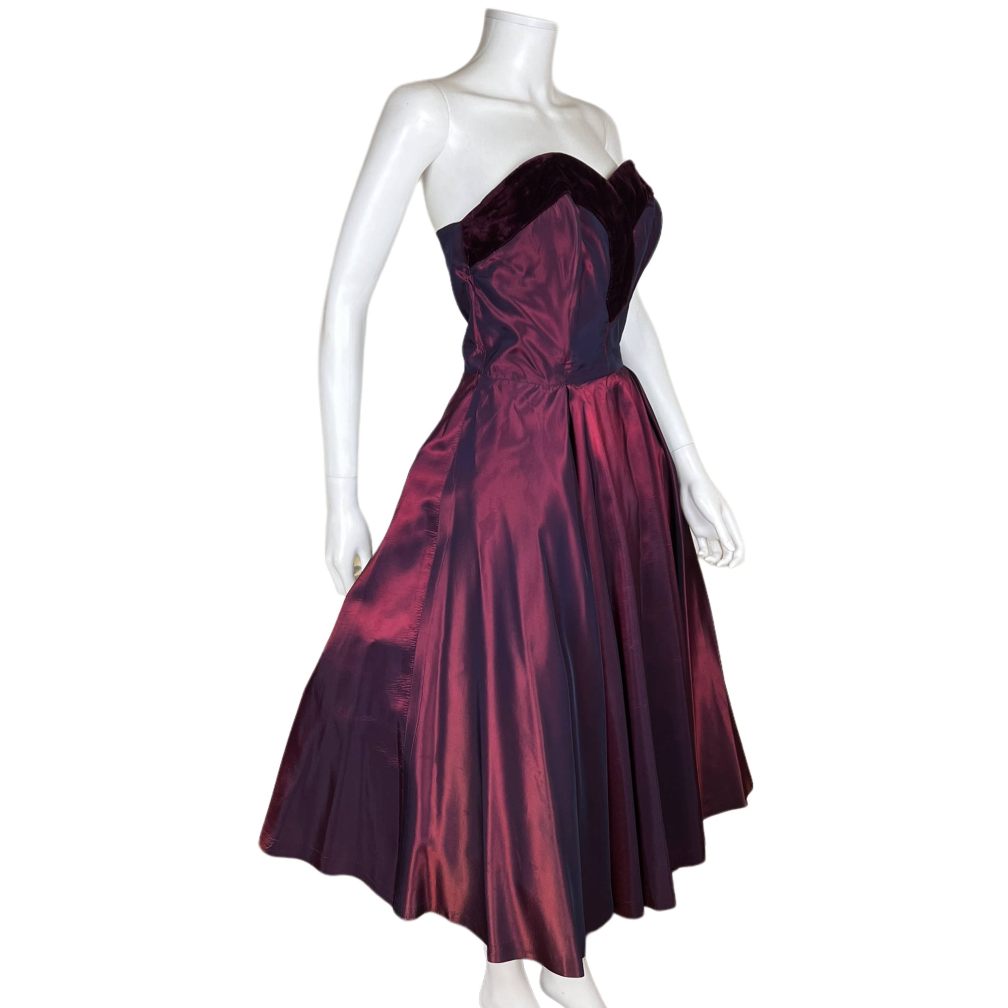 burgundy 1950s dress 1940s 1950s Vintage Rich Burgundy- Brown Iridescent Taffeta Button Front Cocktail Dress with Belt