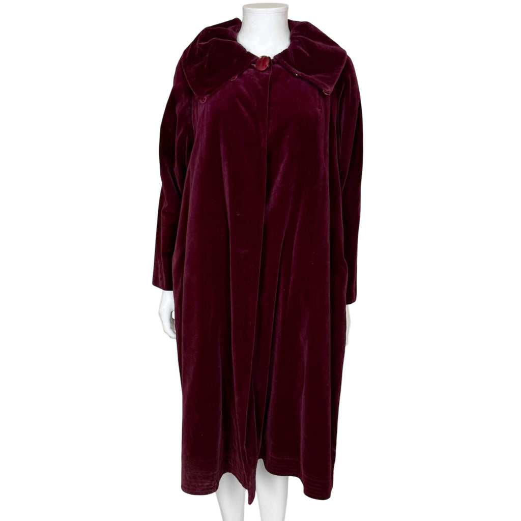 1950s burgundy velvet opera coat front view with wide shawl collar and decorative button