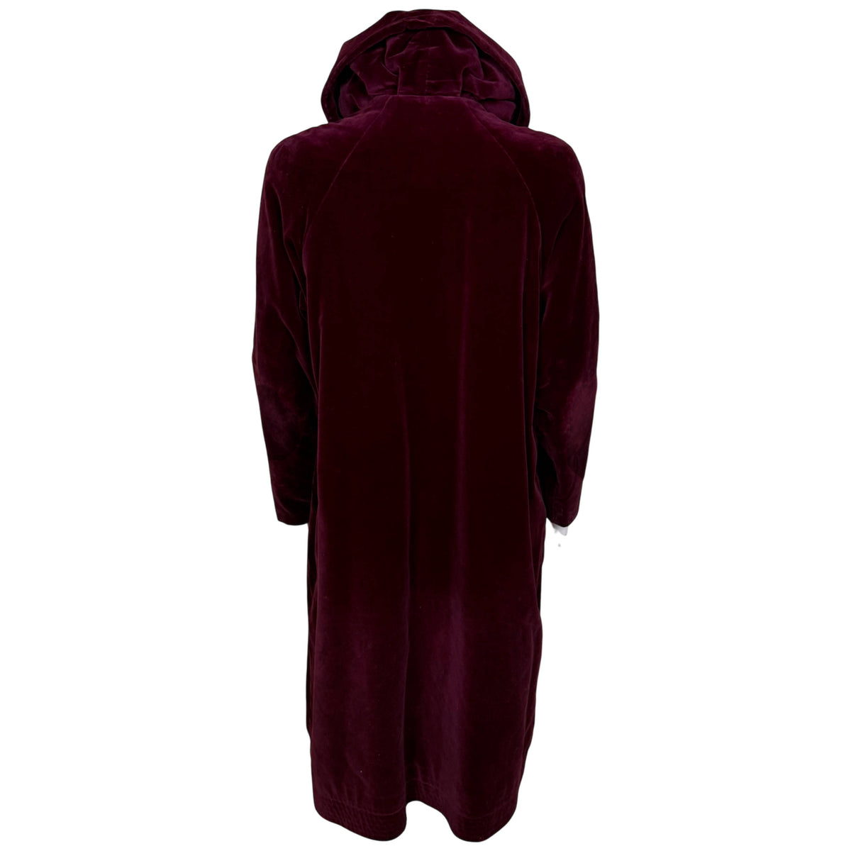 Back view of vintage 1950s burgundy velvet opera coat showing raglan construction and full length