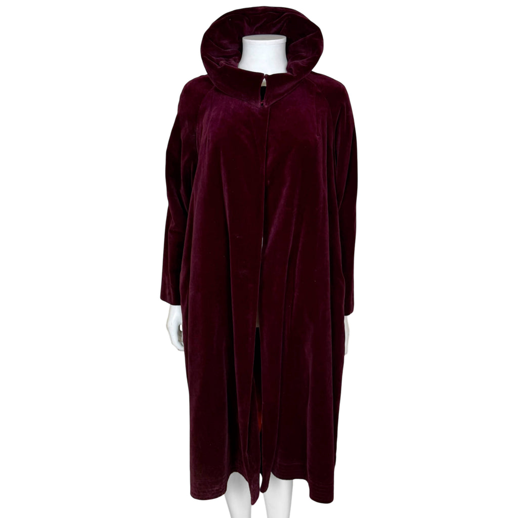 Vintage 1950s burgundy velvet evening opera coat front view with dramatic collar raised
