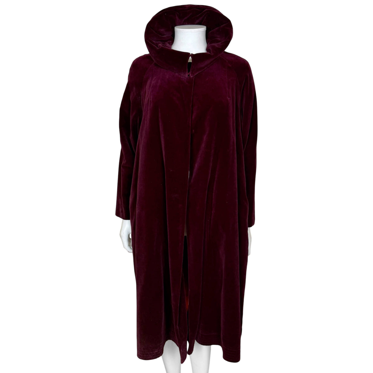 Vintage 1950s burgundy velvet evening opera coat front view with dramatic collar raised
