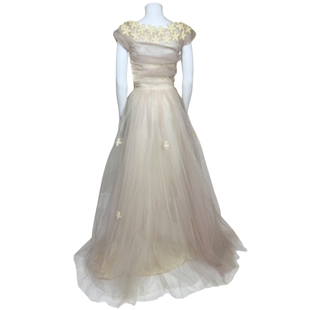 Vintage 1950s Evening Gown Violet-Grey Tulle over Pale Yellow Taffeta Size S