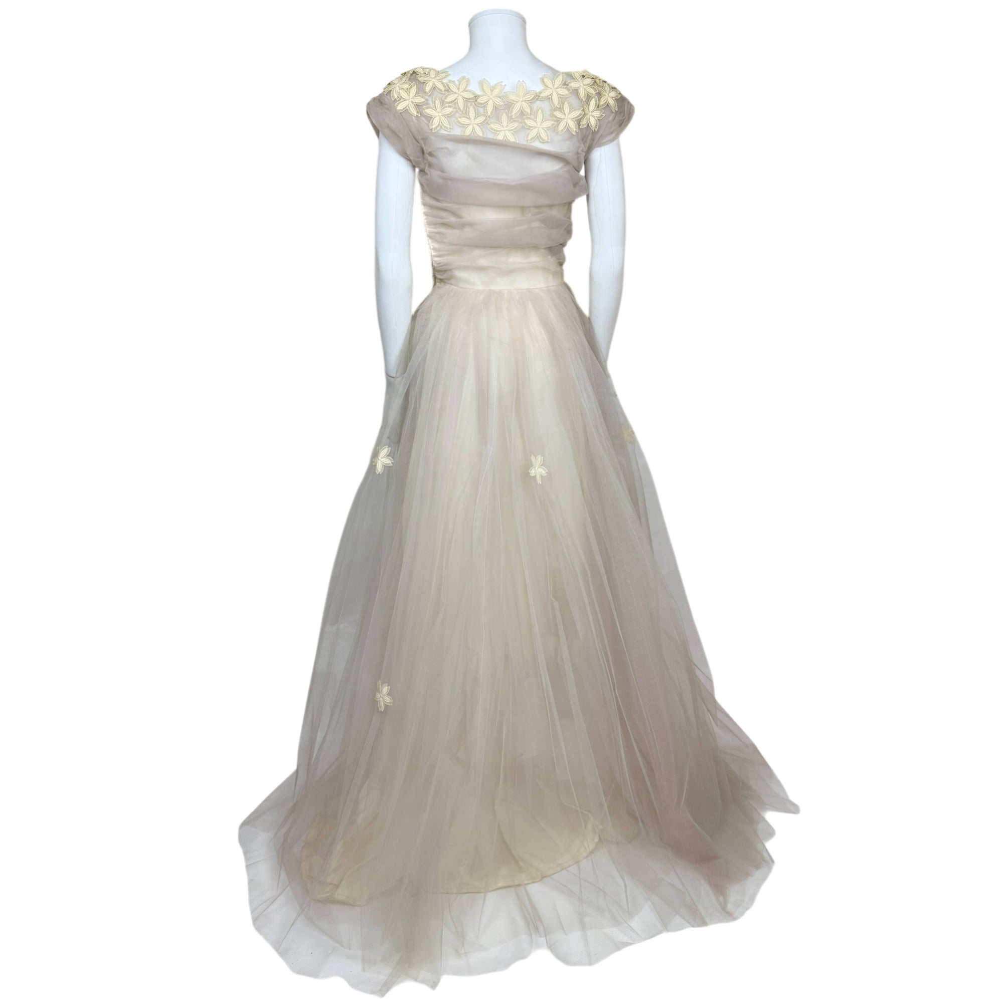 Vintage 1950s Evening Gown Violet-Grey Tulle over Pale Yellow Taffeta Size S