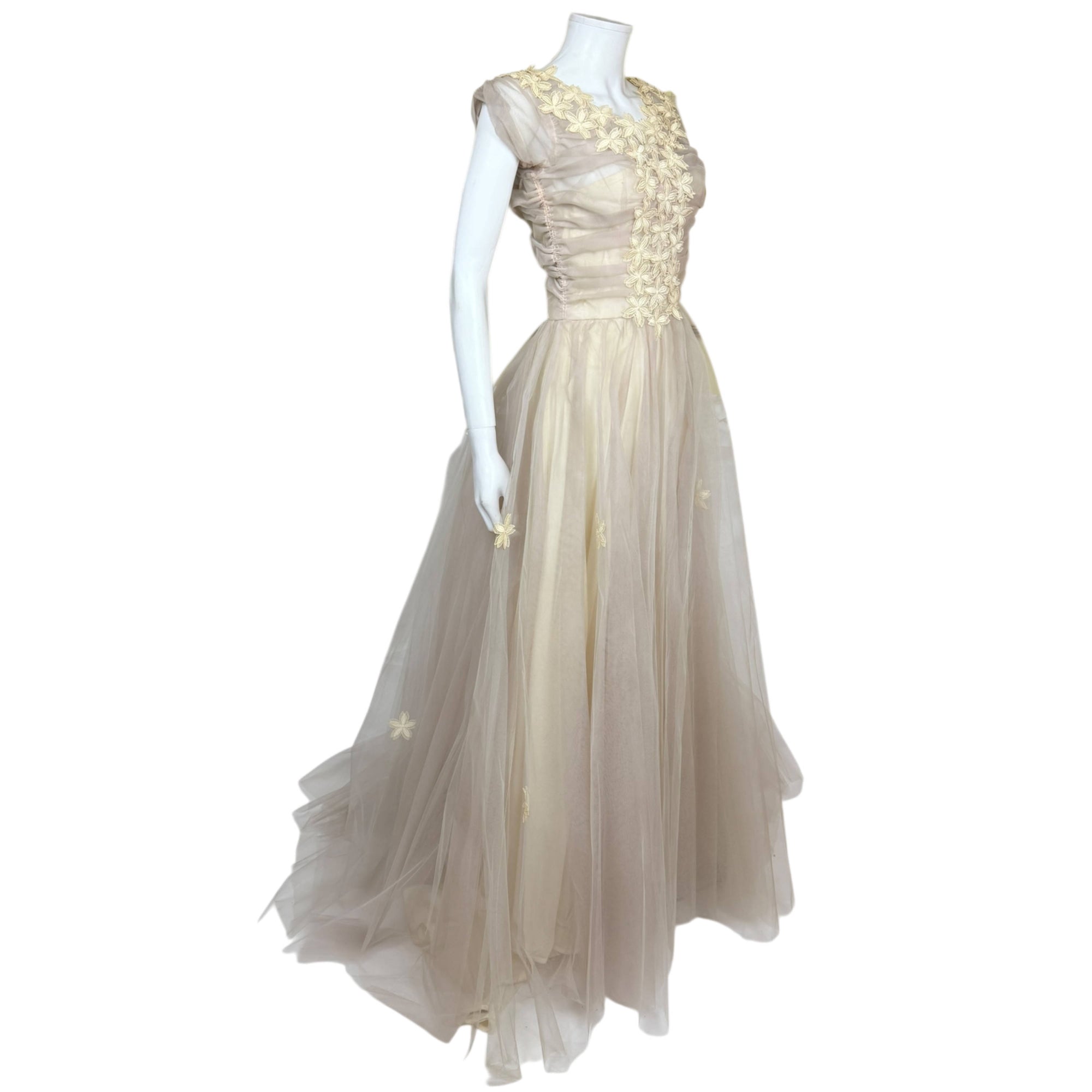 Vintage 1950s Evening Gown Violet-Grey Tulle over Pale Yellow Taffeta Size S