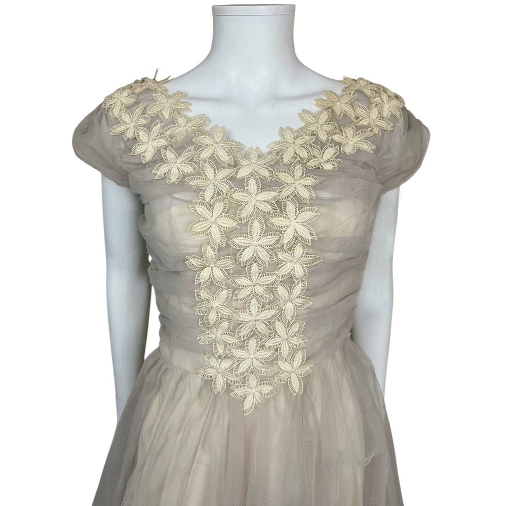 Vintage 1950s Evening Gown Violet-Grey Tulle over Pale Yellow Taffeta Size S