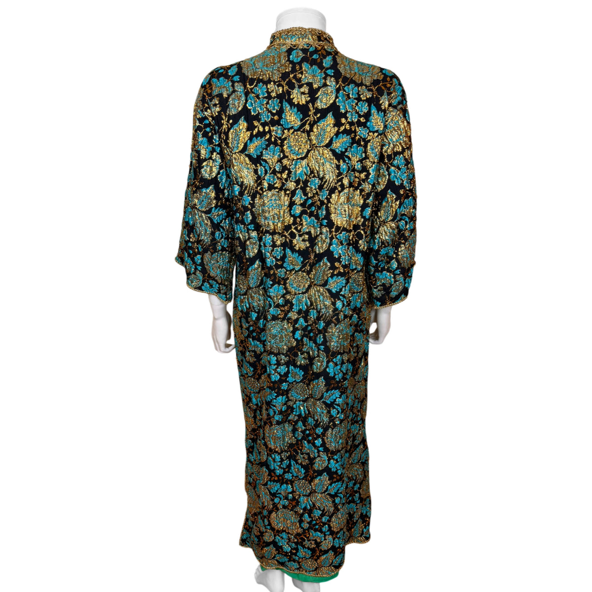 Full back view of vintage Moroccan kaftan showing turquoise and gold floral jacquard brocade