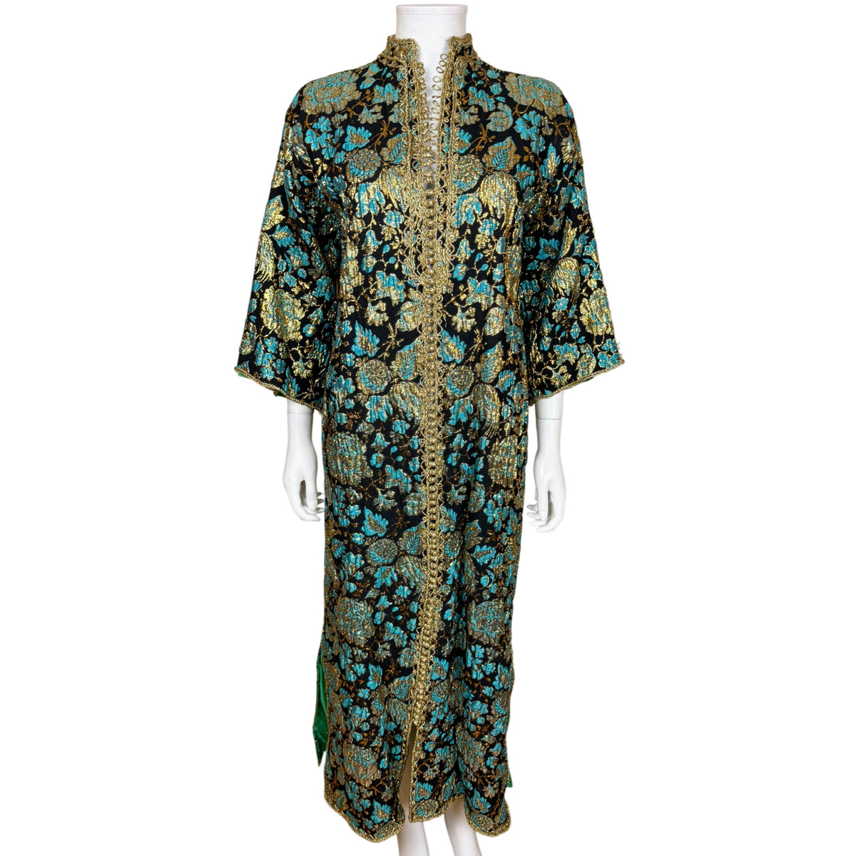 Vintage 1960s Moroccan kaftan in black turquoise and metallic gold floral brocade, full front view