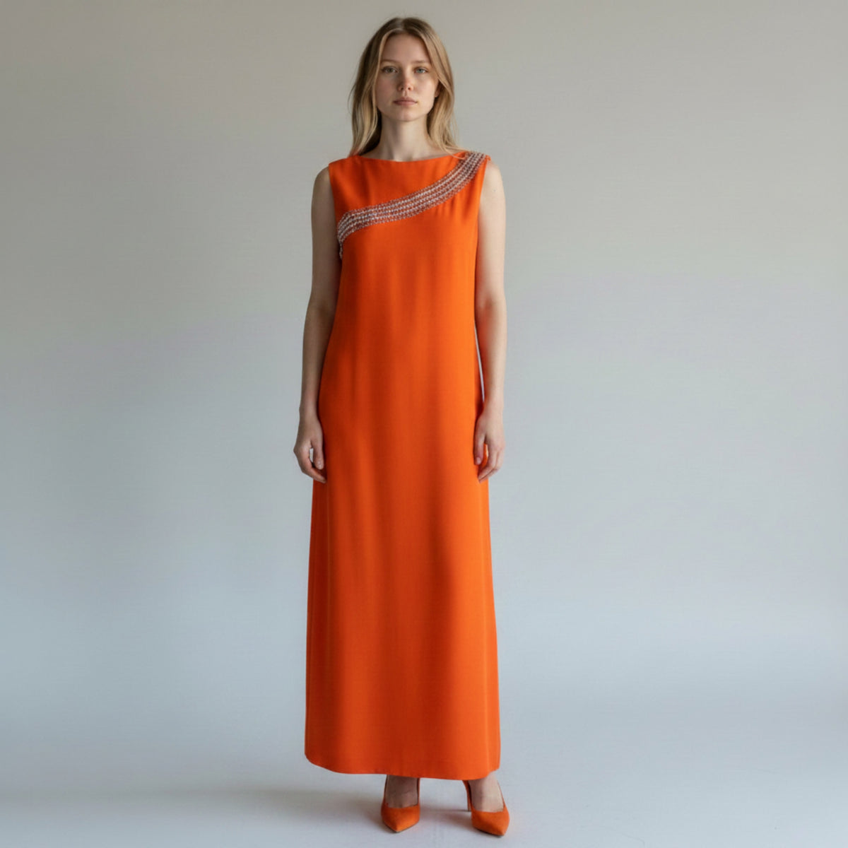AI Model wearing Vintage 1960s Evening Gown in Orange Silk Chiffon with Rhinestones 