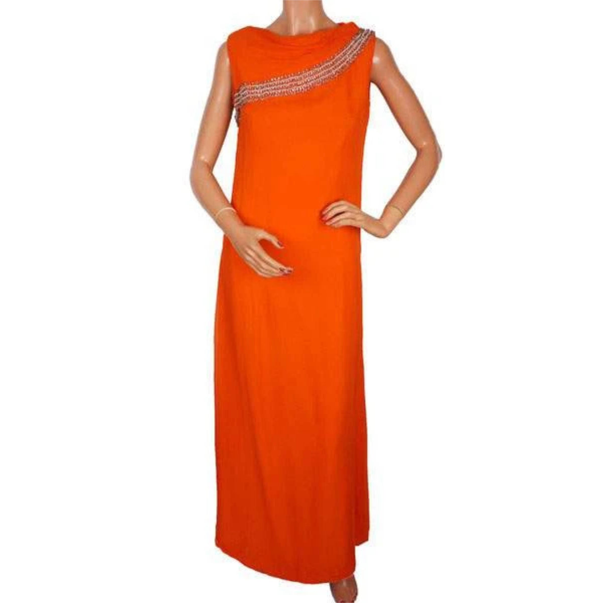 Vintage 1960s Evening Gown Orange Silk Chiffon with Rhinestones