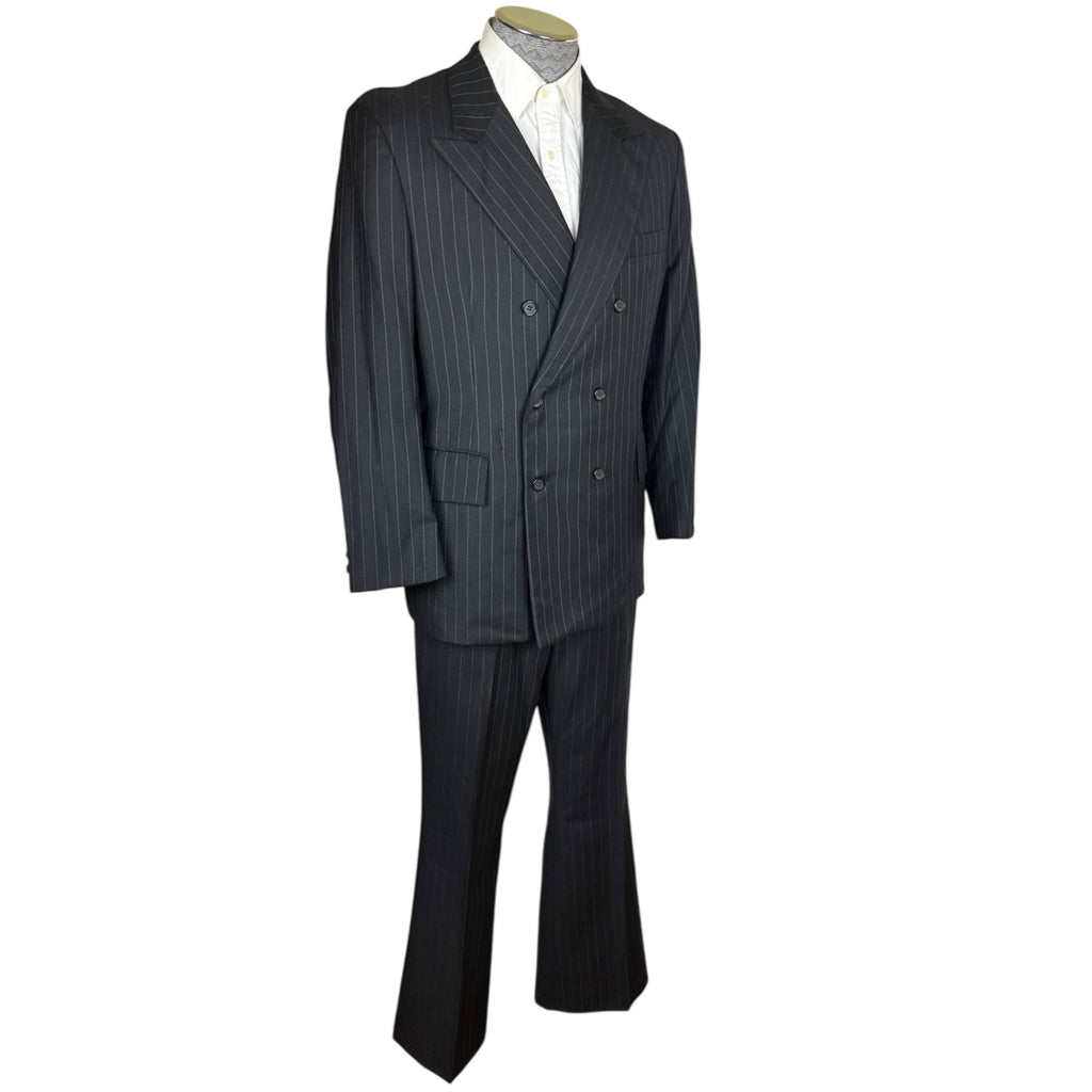 Vintage 1970s Suit Double Breasted Grey Pinstriped Black Mens Sz M