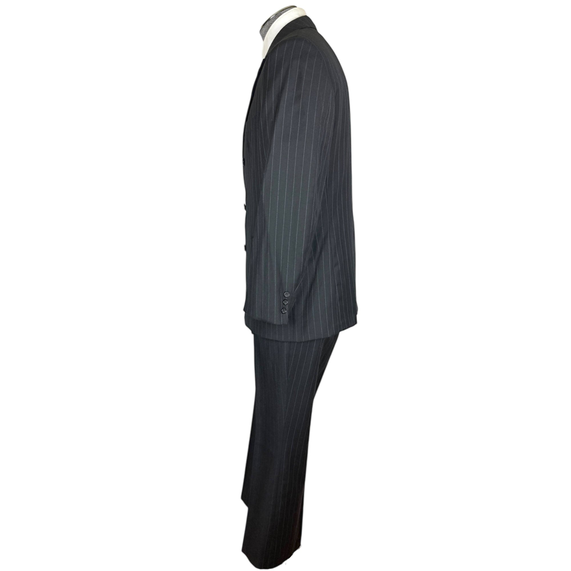 Vintage 1970s Suit Double Breasted Grey Pinstriped Black Mens Sz M