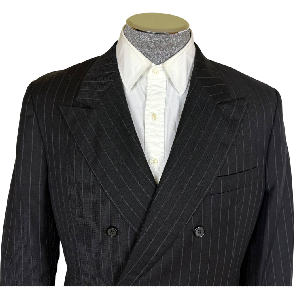 Vintage 1970s Suit Double Breasted Grey Pinstriped Black Mens Sz M